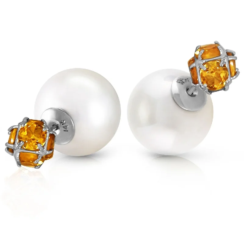 14K Solid Gold Tribal Double Shell Pearls And Citrines Stud Earrings