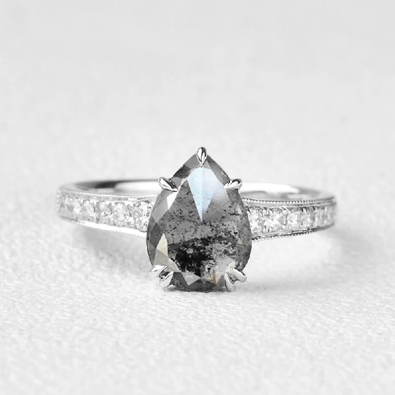 Antique Salt and Pepper Diamonds Pear Cut Engagement Ring