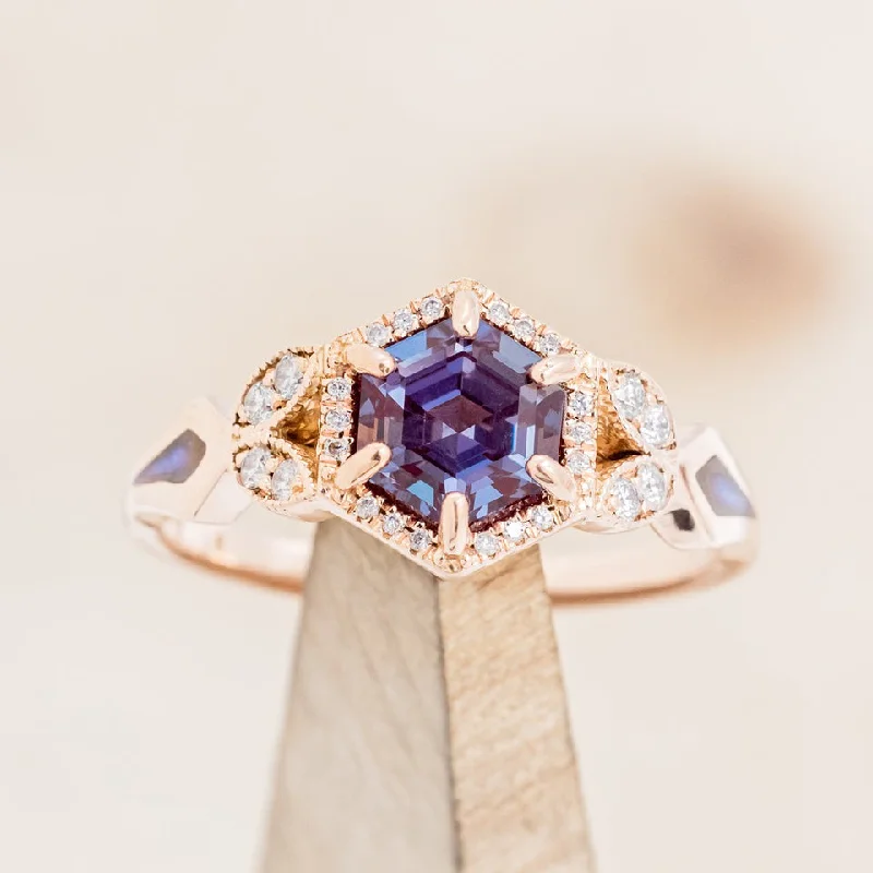 "LUCY IN THE SKY" PETITE - HEXAGON CUT LAB-GROWN ALEXANDRITE ENGAGEMENT RING WITH DIAMOND ACCENTS & COSMIC ACRYLIC INLAYS