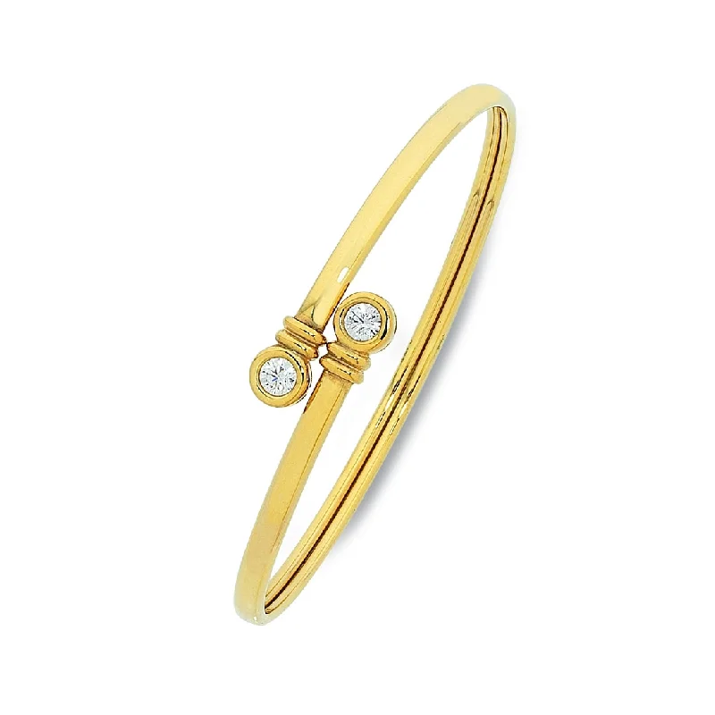 9ct Yellow Gold Silver Infused Bangle with Bezel Set Cubic Zirconia Ends