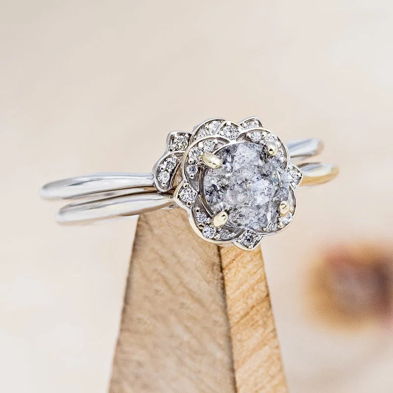 "JANE" - ROUND CUT SALT & PEPPER DIAMOND ENGAGEMENT RING WITH DIAMOND ACCENTS & TRACER