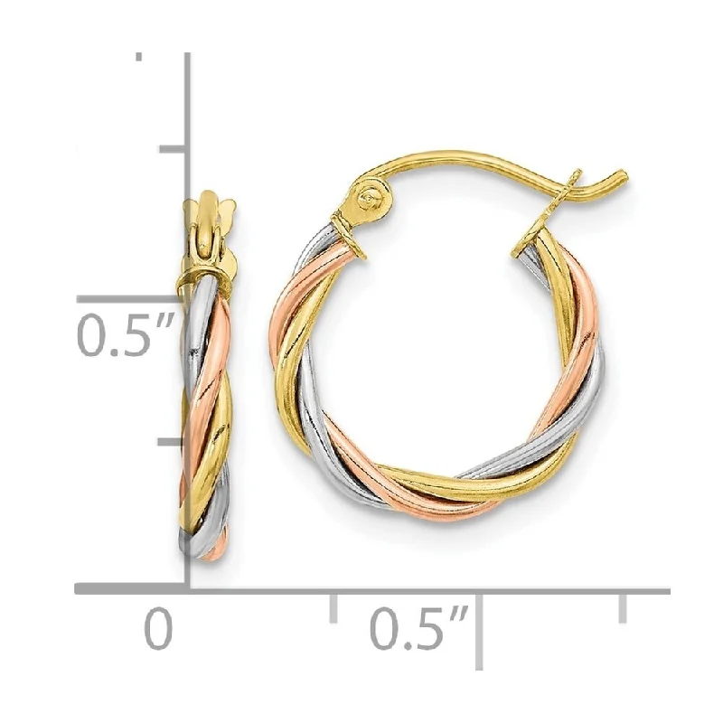 Diamond2Deal 10k Tri-color Gold Polished 2.5mm Twisted Hoop Earrings (L-16.28mm, W-14.7mm)