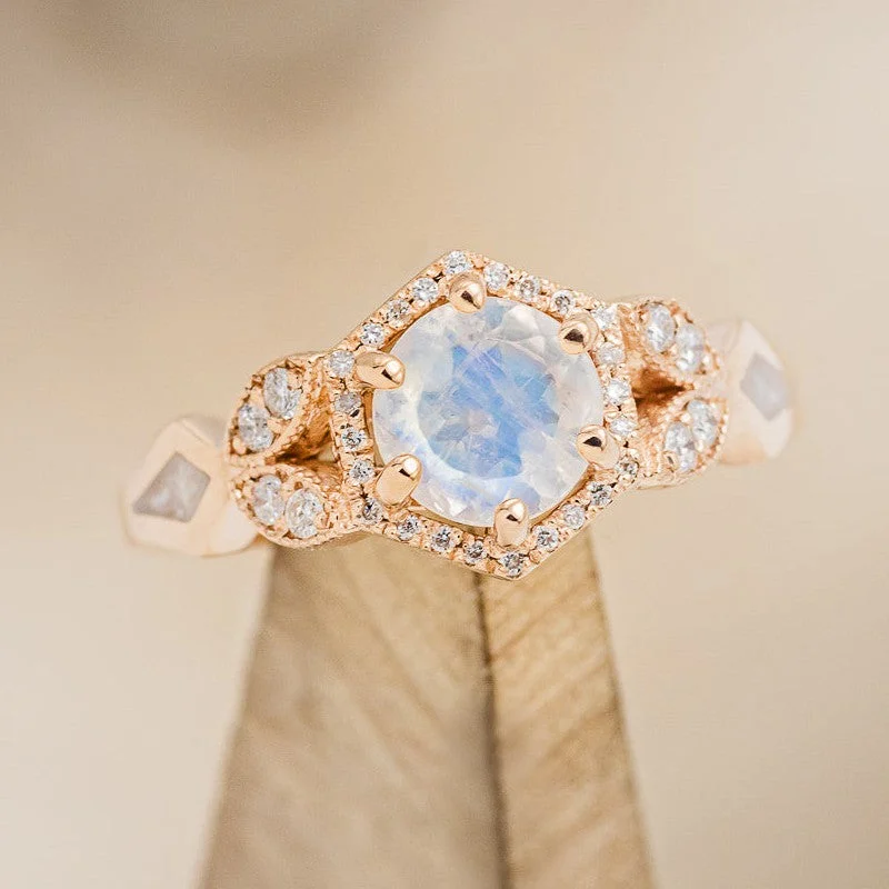 "LUCY IN THE SKY" PETITE - ROUND CUT MOONSTONE ENGAGEMENT RING WITH DIAMOND ACCENTS & DIAMOND DUST INLAYS