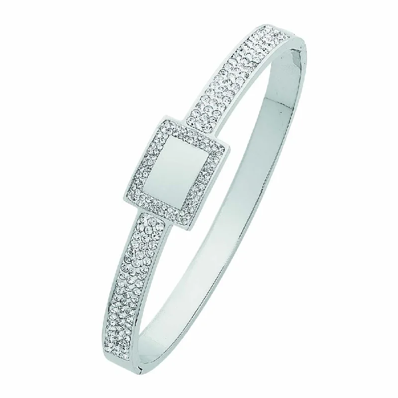 White Stainless Steel Pave Crystal Bangle with Square Feature