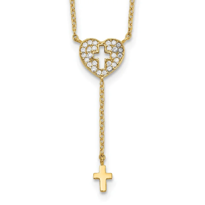 14KT Yellow Gold Cubic Zirconia 17-inch Heart Cross Necklace