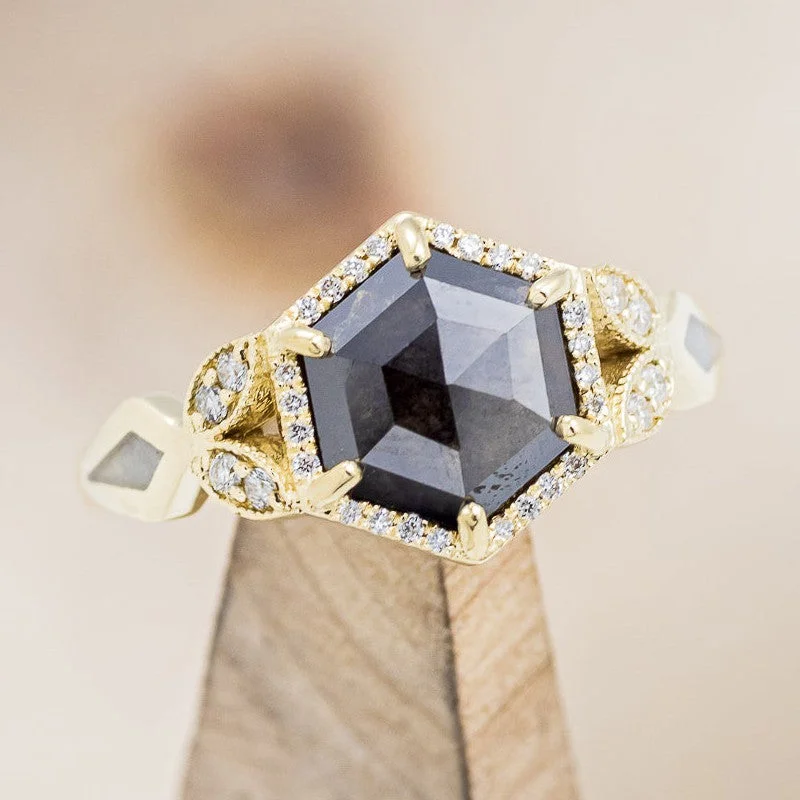 "LUCY IN THE SKY" - HEXAGON ROSECUT SALT & PEPPER DIAMOND ENGAGEMENT RING WITH ANTLER INLAYS