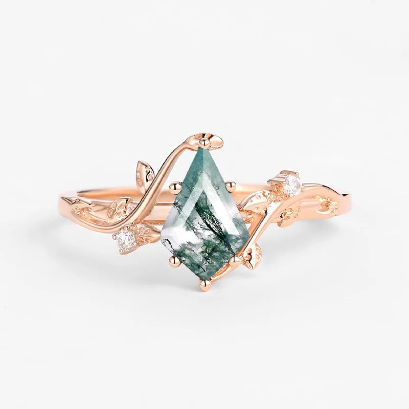 Unique Kite Cut Moss Agate Leafy Engagement Ring - Willow