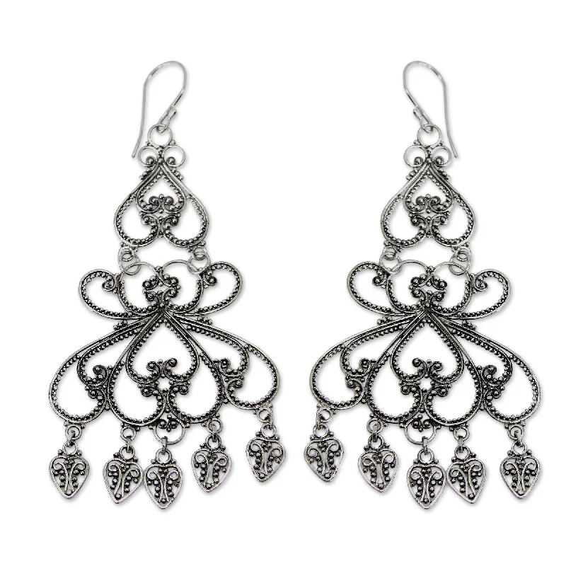 Handmade Elegance Chandelier Sterling Silver Earrings (Bali) - 1.1" x 2.4"