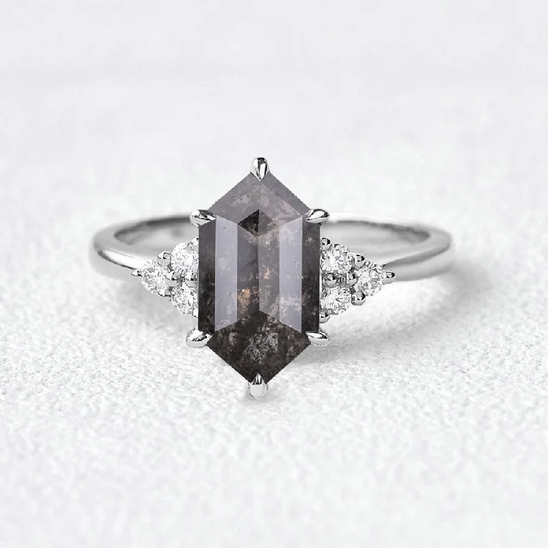 Hexagon Salt and Pepper Diamonds Cluster Engagement Ring