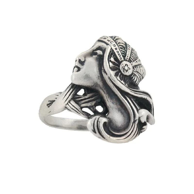 Art Nouveau Style Sterling Silver Lady in Profile Ring