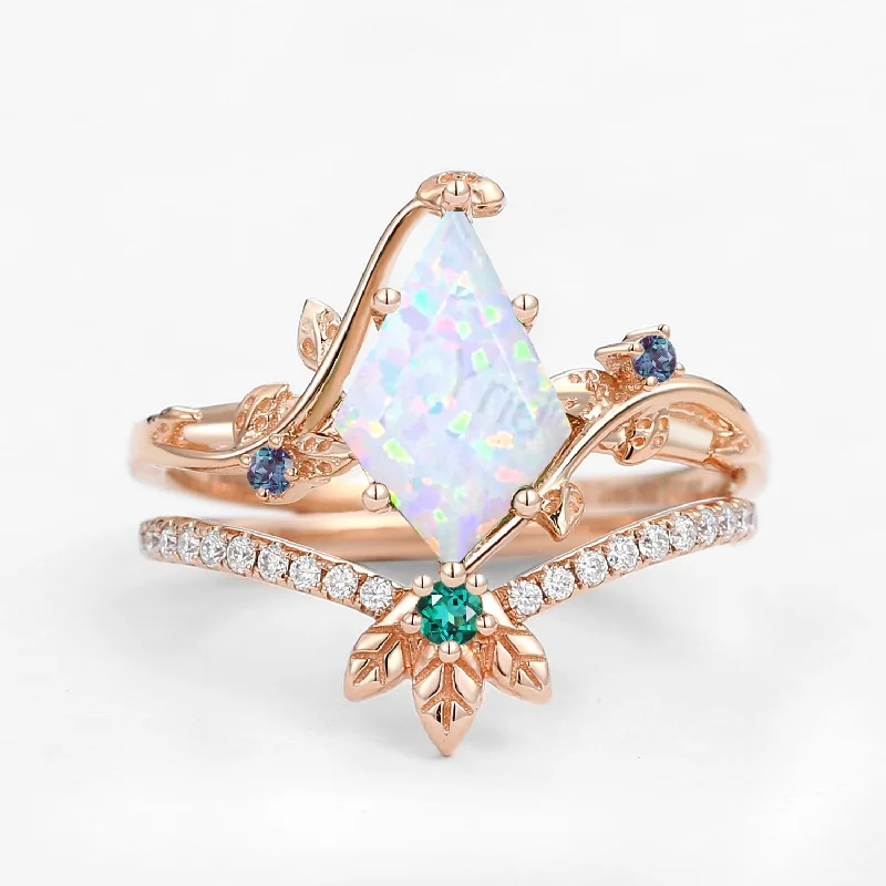 Unique Opal & Alexandrite & Emerald Three Leaves Engagement Ring Set 2pcs - Mermaid