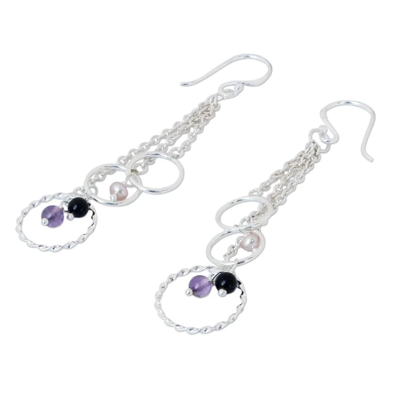 Handmade Silver 'Siam Chimes' Pearl Multi-gemstone Earrings (3.5 mm) (Thailand)