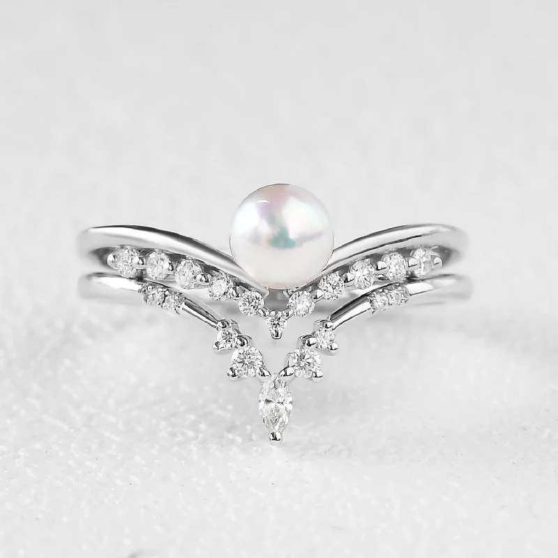 Pearl Engagement Ring Set 2pcs White Gold Ring